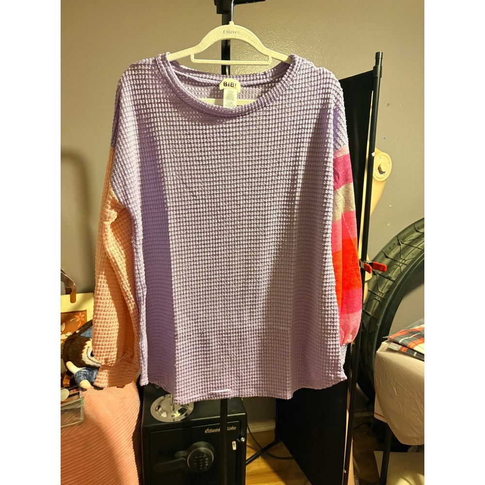 BiBi Lavender Waffle Knit Top Mismatched Multi Color Striped Sleeves Medium